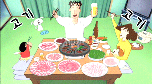 고기 짱구 먹방  짱구네 가족 삼겹살 고기굽는 모습 짱구는 못말려 짱구는못말려