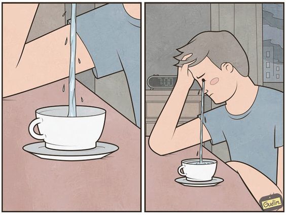 눈물 커피잔 줄줄 흐르는 물줄기 커피