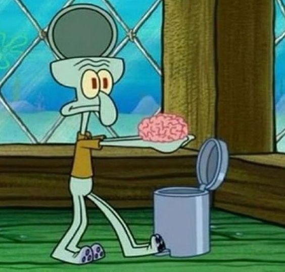 스폰지밥 징징이 뇌가없는 뇌를 쓰레기통에 버리는 두개골 텅비어
