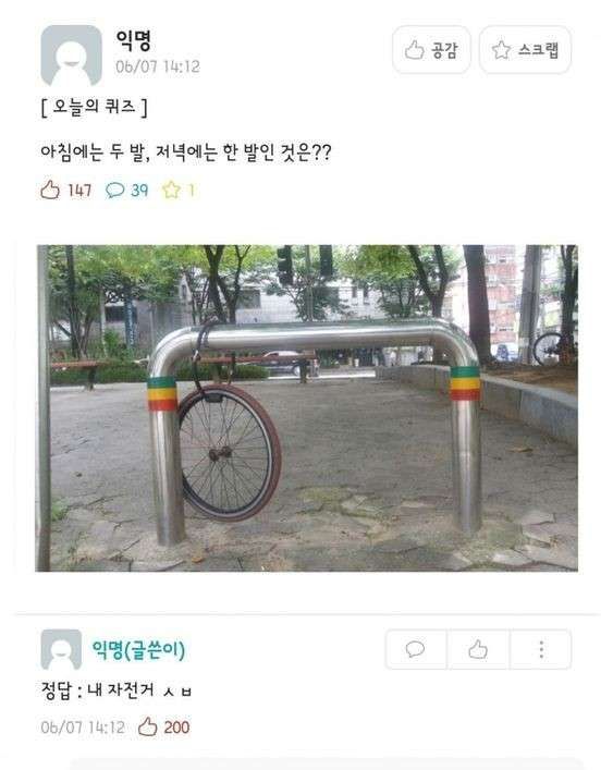자전거 도둑 앞바퀴 바퀴 훔침 아침 저녁 다른모습