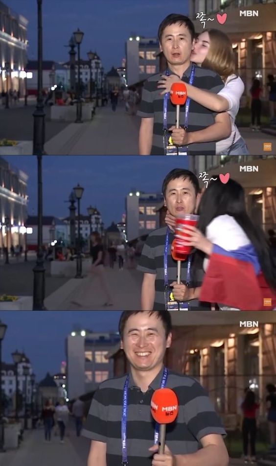 방송사고 리포터 남자 생방송 키스 여성 유부남 기쁨 웃음