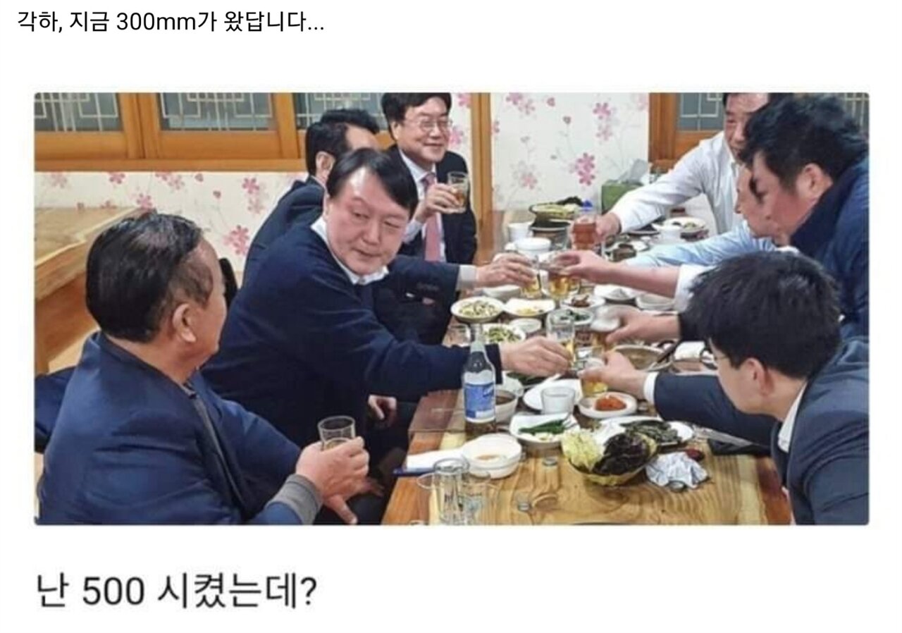 윤석열 술먹는 장면 패러디 각하 지금 300mm가 왔답니다 난 500 시켰는데