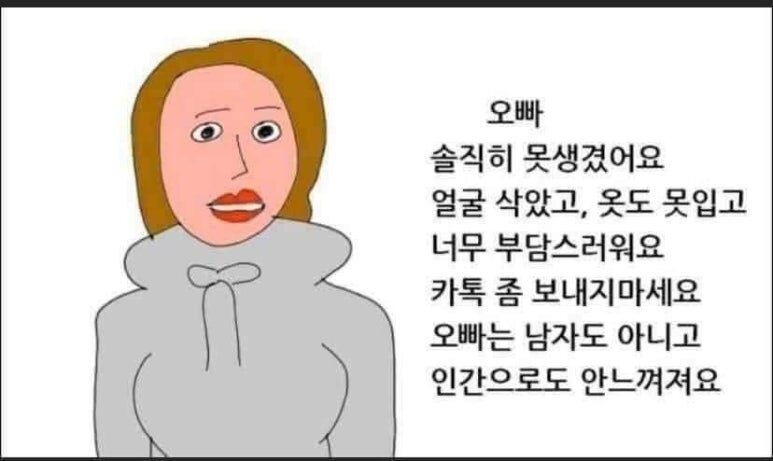 오빠 솔직히 못생겼어요 얼굴 삭았고 옷도 못입고 부담스러워요 인간으로도 안느껴져요 꺼져
