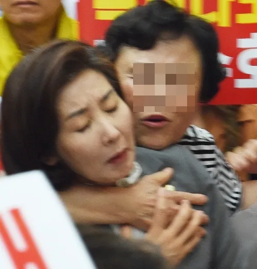 나경원 기습포옹 아줌마 헤드락 지지자 정치 정치짤